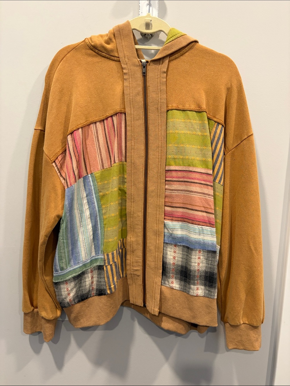 Patchwork Zip Hoodie in Camel with Multi-Color Panels - Picture 1 of 4